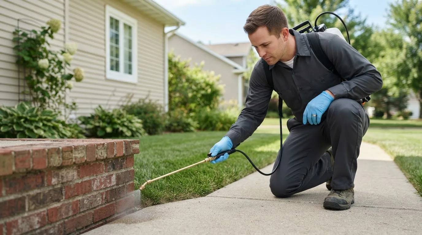 Pest control technician treating a home near Gordon, PA